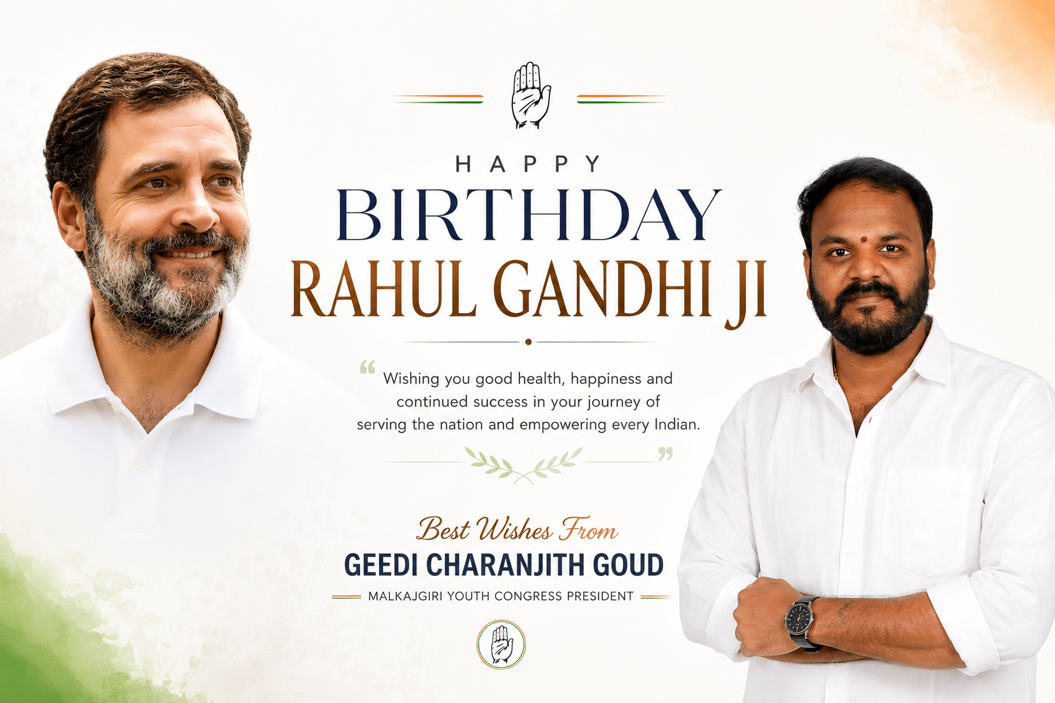 Geedi Charanjith Goud extending Rahul Gandhi Birthday Wishes on Rahul Gandhi Birthday 2026